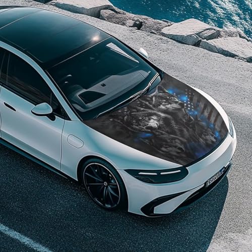 Image of American Flag Wolf Prints Car Hood Cover Elastic Polyester Car Hood Protector Waterproof Automotive Exterior Accessories for Most Cars Sedans Trucks Pickup Sports Cars