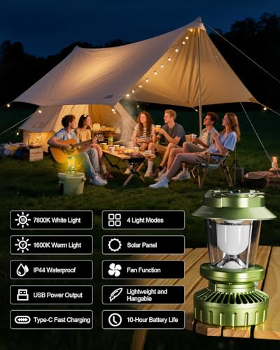 2-Pack Camping Lantern with Fan, Rechargeable Solar LED Waterproof USB Output Hanging Light Camping Essentials Survival Kits for Indoor Outdoor Home Emergency Light Power Outages (4 Light Modes) — view 6