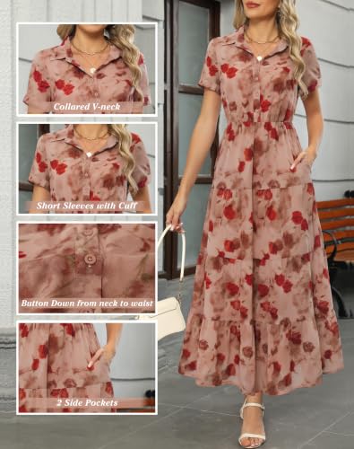 Image of Kranda Women 2026 Summer Collared V Neck Short Sleeve Button Down Chiffon Long Tiered Floral Maxi Dress with Pockets