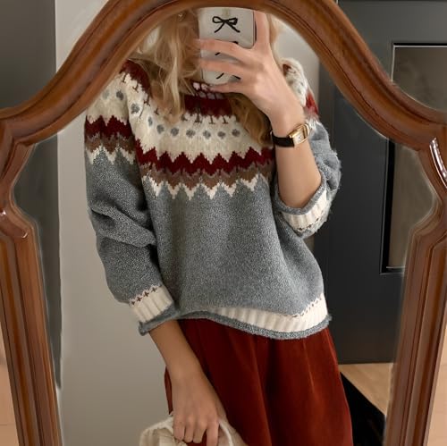 Women's Vintage Fair Isle Crewneck Knit Sweaters Fall Winter Casual Loose Cozy Warm Long Sleeve Pullover Sweater Tops4