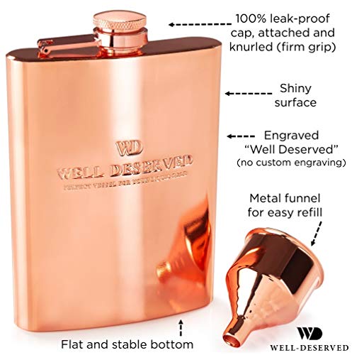 8oz Copper Flask and Funnel Set. Copper 7th / 22nd Anniversary Gifts for Men or Women, Him or Her. Gift Ideas. Rose Gold Flask. Black Satin Gift Box. Copper Alcohol Drinking Flask. by Well-Deserved