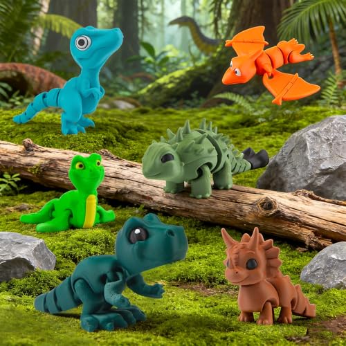 Image of cobinaan 6PCS 3D Printed Dinosaur Toys, 3D Printed Animals Flexible Articulated Dinosaur Fidget Toys for Party Favors Home Office Desk Decor Birthday Gift Classroom Prize for Kids Boys Girls