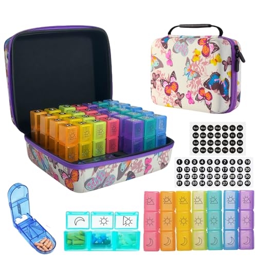 GZWENHAN Monthly Pill Organizer 31-Day Medicine Box with Hard Shell Case 3 Times Daily Dosage Schedule Plastic Rectangular Design Includes Pill Cutter and Monthly Weekly Stickers (Butterfly)
