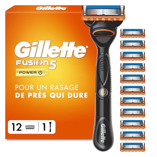 Gillette rasoir pour homme Fusion5, manche réutilisable et 12 cartouches à 5 lames ultra-affûtées en acier inoxydable, avec bande lubrifiante améliorée...