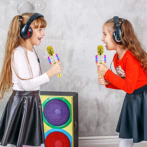 Image of Amazmic Kids Karaoke Microphone Machine Toy Bluetooth Microphone Portable Wireless Karaoke Machine Handheld with LED Lights, Gift for Children Adults Birthday Party, Home KTV(Gold)