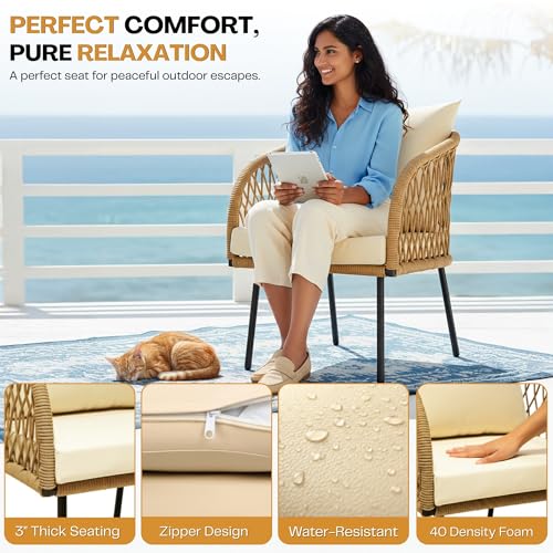 Image of DEVOKO Verde Outdoor Rope 4-Seater Sofa Set with Glass Top Table & Water-Repellent Cushions, Durable Metal Frame, Handwoven Furniture Perfect for Garden, Patio, Pool Deck & Balcony(Beige & Cream)