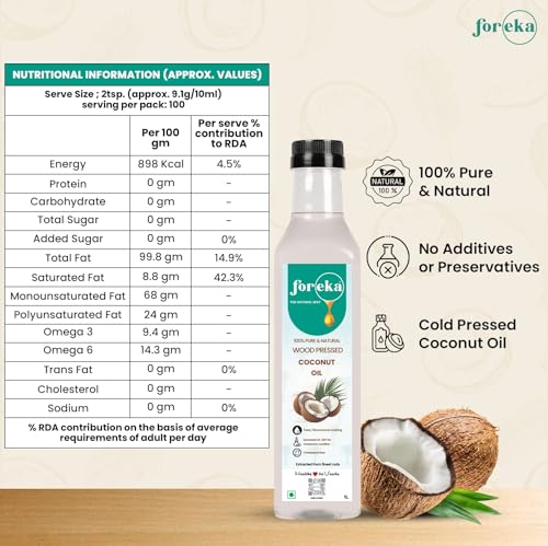 Image of Foreka Wood Pressed Virgin Coconut Oil 1L (Pack of 2) - Cold Pressed & Unrefined Edible Coconut Oil - Traditional Chekku /Kolhu Extracted - Natural Multipurpose Oil for Cooking, Hair & Skin Care