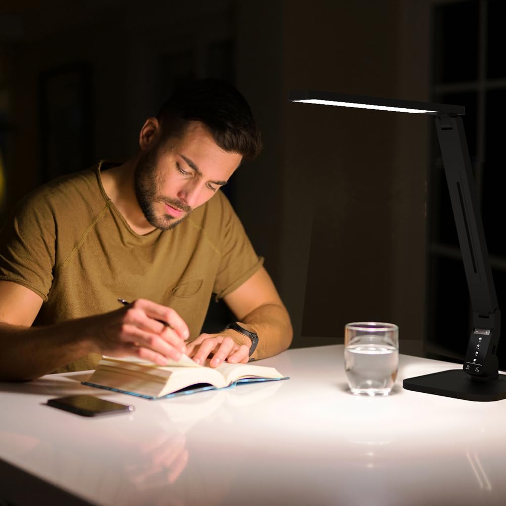 MAGIC LEAVES Schreibtischlampe, dimmbares LED-Leselicht mit einstellbarer Beleuchtung, 5 Helligkeitsstufen, 4 Lichtfarben und USB-Ladeanschluss, Tischlampe (Klavierschwarz)