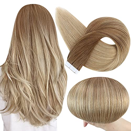 Fshine 14 Inch Tape in Human Hair Extensions Balayage Color 10 Brown Fading to 14 Golden Blonde Seamless Pu Tape in Hair Extensions For Short Hair Brazilian Hair Tape in Extensions 20 Pcs 50 Grams