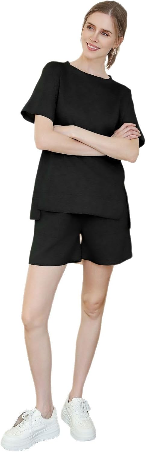 Women’s Sports Tracksuit Set, Drawstring Shorts and Short Sleeve Top Casual 2 Piece Outfit