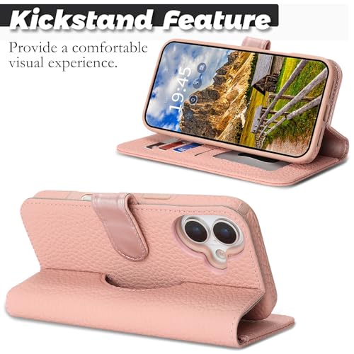 Image of Detachable Genuine Leather Case for iPhone 16 Wallet Case Magnetic 2in1 Removable Flip Cover Book Purse Compatible with Magsafe Charging Kickstand Card Holder-Pink