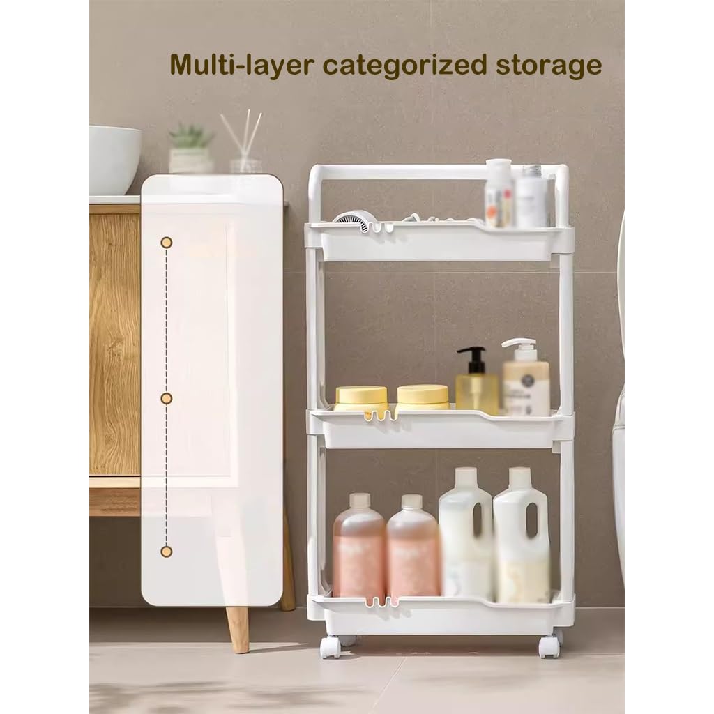 Carrello multiuso a 3 ripiani per cucina, bagno e camera da letto, salvaspazio, su ruote, bianco, scaffale multiuso per casa e ufficio