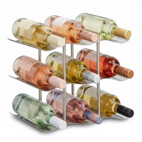 Relaxdays Botellero Vino para 9 Botellas, Acero Inoxidable, Plateado, 22 x 27 x 16,5 cm