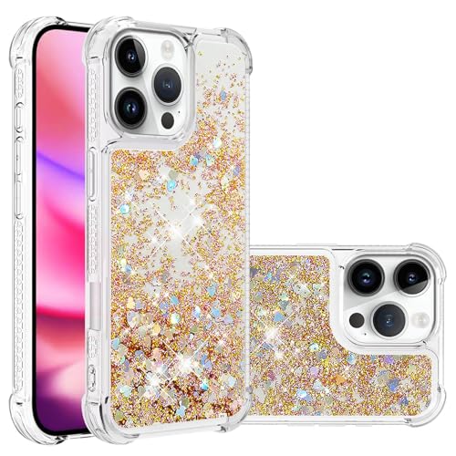 QIWEIQING Glitter Case for iPhone 16 Pro Max, TPU Shockproof Protective Cover - Golden YBL