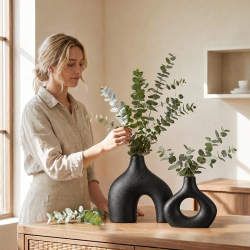 Black Ceramic Flower Vase Home Decor Set of 2, Farmhouse Table Vases Rustic Vintage Living Room Kitchen Bedroom Decorations for House Book Shelf Office Coffee Desk Dining Fireplace — view 5