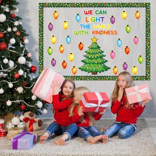 Image of Christmas Bulletin Board Decorations Set for Classroom, Office, School, Home - Colorful Light Bulbs, Tree Cutouts for Xmas Holiday Winter Party Wall Decor