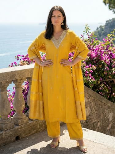 Image of INDO ERA Women's Silk Blend Embroidered Straight Kurta Pant with Dupatta Set