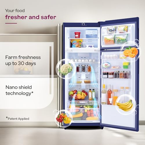 Image of Godrej 244 L 3 Star 5 Years Comprehensive Convertible Freezer 6-In-1 | 95%+ Food Surface Disinfection Double Door Refrigerator (2026 Model, RT EONVALOR 280CN RCIF LA BL, Lisa Blue)