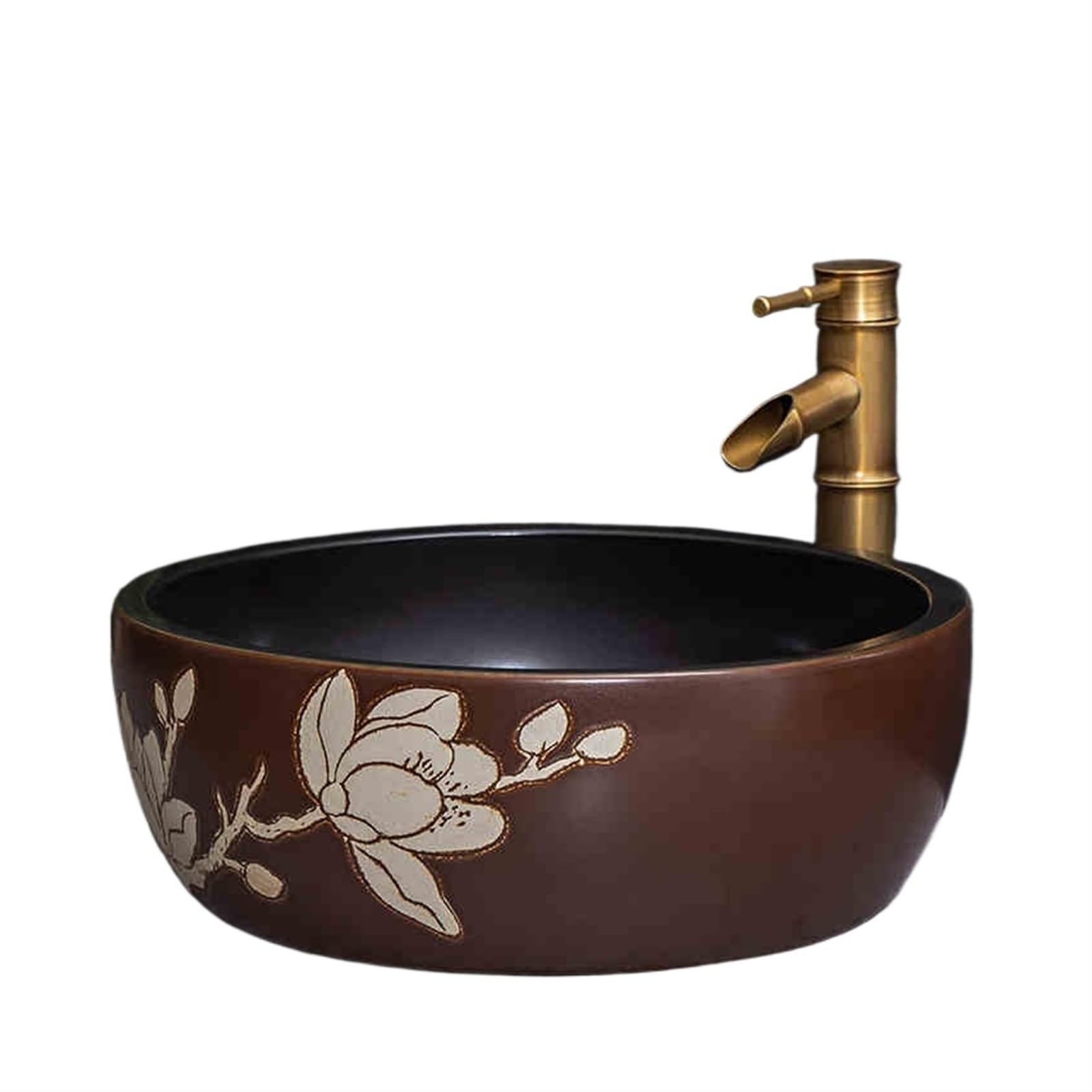 TIANQIHAO Round Vessel Sink Bathroom Ceramic Sink Bowl With Bamboo Faucet And Pop-Up Drain For Above Counter Installation