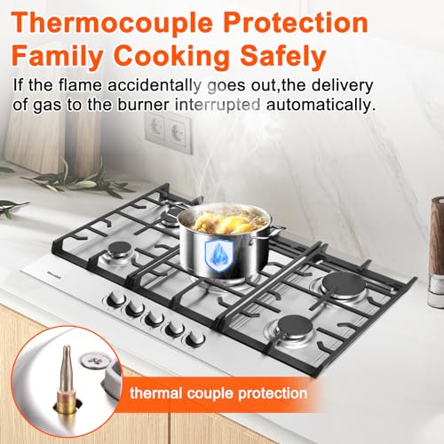 Gas Cooktop Stove 30 Inch Built-in Gas Stove Top with 5 Burners 35900 BTU,LPG/NG Dual Fuel,Auto Ignition,Thermocouple Protection,Stainless Steel,Heavy Duty Cast Iron Grates for Kitchen