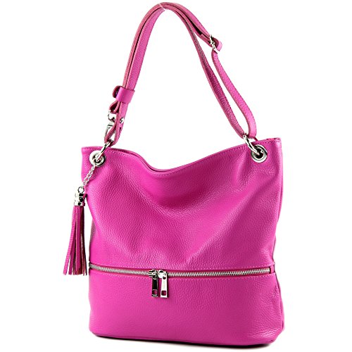 modamoda de - T143 - ital. Leder Schultertasche Umhängetasche, Farbe:Pink (B)