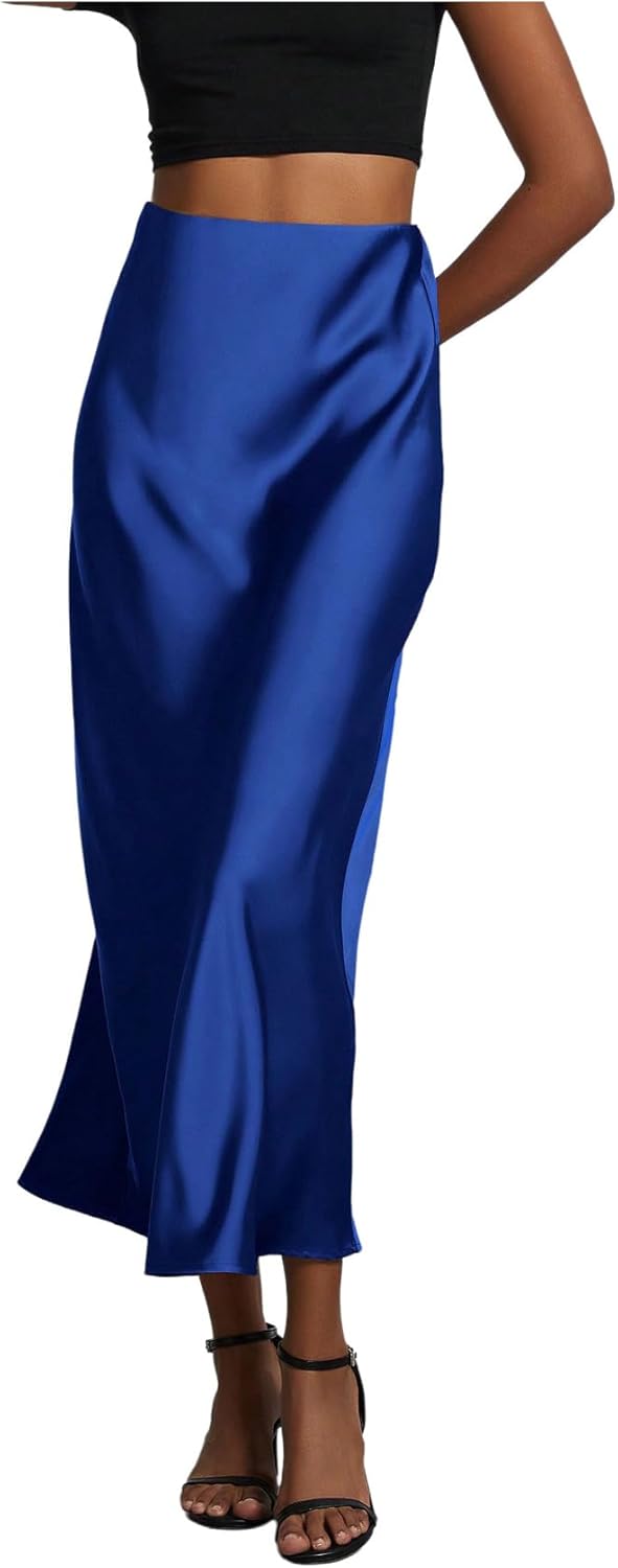 SHENHE Women's Satin Maxi Skirts High Waisted A Line Long Skirts Elegant Office Skirts