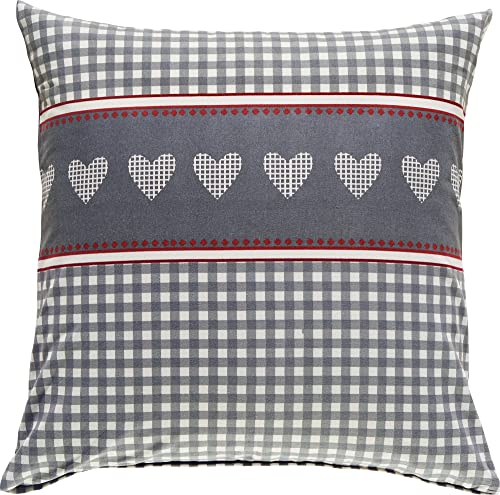 Erwin Müller Feinflanell-Zusatzkissenbezug, Kissenhülle, Karo, Herz grau-rot-weiß Größe 80x80 cm - für die kalte Jahreszeit, weich, flauschig, mit praktischem Reißverschluss