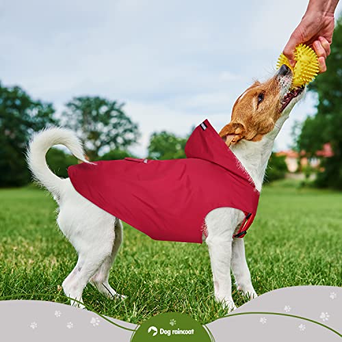 Zellar Hunderegenmantel mit Kapuze & Kragenloch & Sicheren Reflektierenden Streifen, Ultraleichte Atmungsaktive 100% wasserdichte Regenjacke für Mittelgroße bis Große Hunde, Rot, 3XL