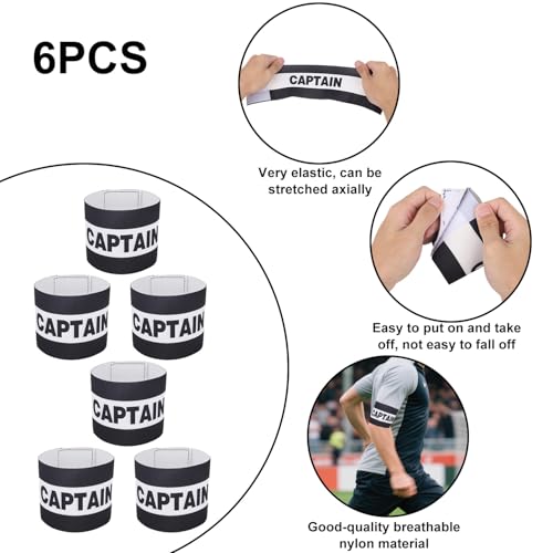 6pcs Captain Armbands Soccer, Adjustable Leader Football Arm Bands Breathable Soccer Captain Armband Player Team Sport Accessory for Football Rugby Volleyball Basketball for Youth and Adults (Black)