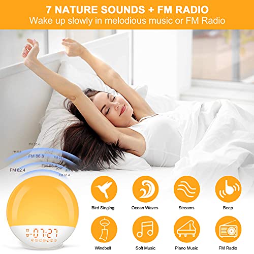Sunrise Alarm Clock, Wake Up Light with Sunrise Simulation, Dual Alarms with FM Radio, 7 Nature Sounds & Snooze, 7 Colors Night Light, Sleep Aid Digital Alarm Clock for Bedroom Heavy Sleepers Kids