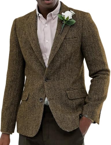Wangyue Men's Tweed Herringbone 3 Piece Suits Formal Regular Fit Wedding Groom Suits