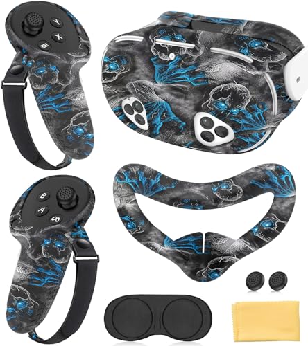 シリコンカバーセット Meta/Quest 3Sアクセサリー、コントローラーグリップ、VRプロテクターフェイス&フロントシェルヘッドセットカバー、レンズ保護カバーに対応-r (イリュージョンブラック)の商品画像（Amazon）