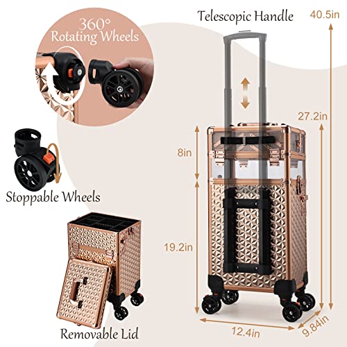 Yueieoun 3 In 1 Rolling Makeup Train Case Cosmetology Case On Wheels Acrylic Sturdy Makeup Trolley For Makeup Artists, Hairstylists, Nail Tech Kits Barber Salon Cosmetic Travel Case Rose Gold #TOP5