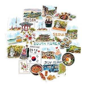 Navy Peony Scenic South Korea Travel Stickers (30pcs) - Hand-Illustrated, Seoul, Korean Decals for Journals, Scrapbooks, Water Bottles