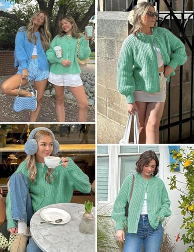Image of Women's Casual Puff Long Sleeve Crew Neck Cardigan Button Down Open Front Knit Loose Sweater Outwear