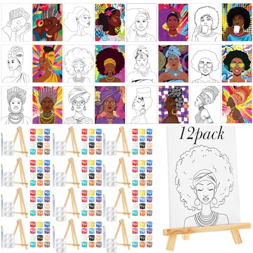 Zhanmai 12 Pack Pre Drawn Canvas for Painting Sip and Paint Kit 8' x 10' Paint Party Set Canvas Painting Pre Printed Canvases for Party Favor DIY Virtual Adult's Date Night(Afro Queen)