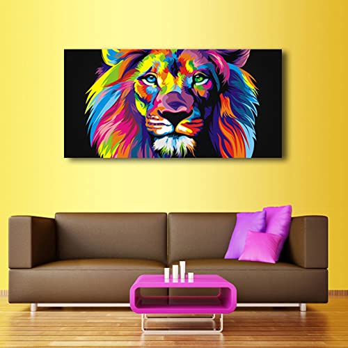 Image of Animal Lion Pictures Wall Decor Art for Bedroom,Colorful Lion Canvas Wall Art Paintings for Living Room,Artwork Stretched and Ready to Hang,Size 24x48inches.