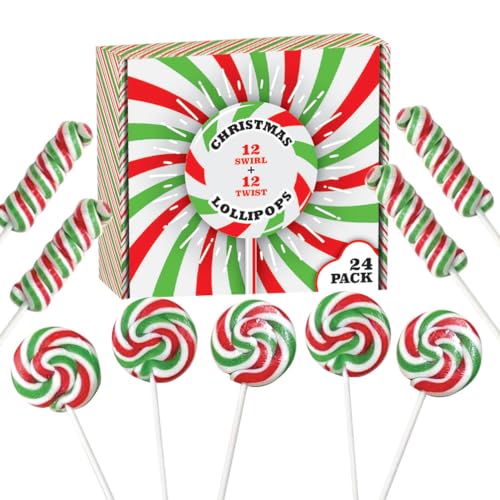 Christmas Candy Lollipops - 24 Holiday Suckers Individually Wrapped Bulk - 18g Swirl and 12g Twisty Pops