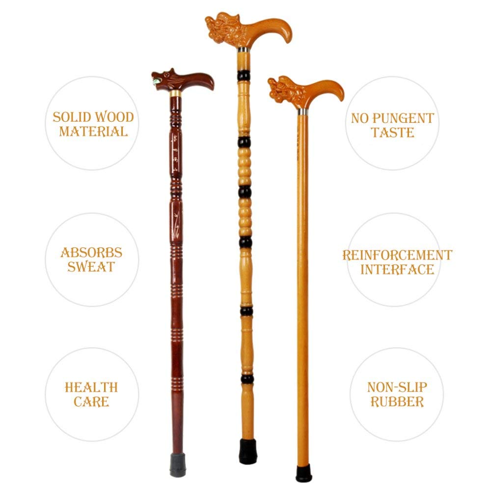 Bastón de Madera Bastón Antideslizante Grabado de Madera Maciza Mango de Grifo Bastón Muletas para Ancianos Cesta para Caminar para Ancianos/Rojo
