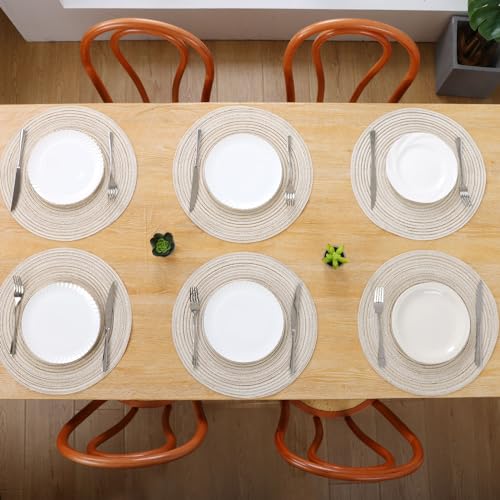 Image of SHACOS Round Placemats Set of 6 Braided Circle Place Mat Washable 15 inch Table Mats for Kitchen Dining Table Decor Mixed Color (Ivory, 6)