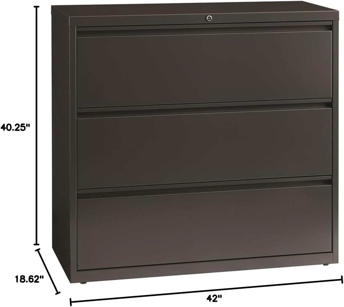 Pemberly Row 42-in Wide Metal 3 Drawer Lateral Filing Cabinet, Charcoal Powder Coat Finish, Reinforced Steel Construction, Locking Commercial Office Storage, ANSI/BIFMA Certified