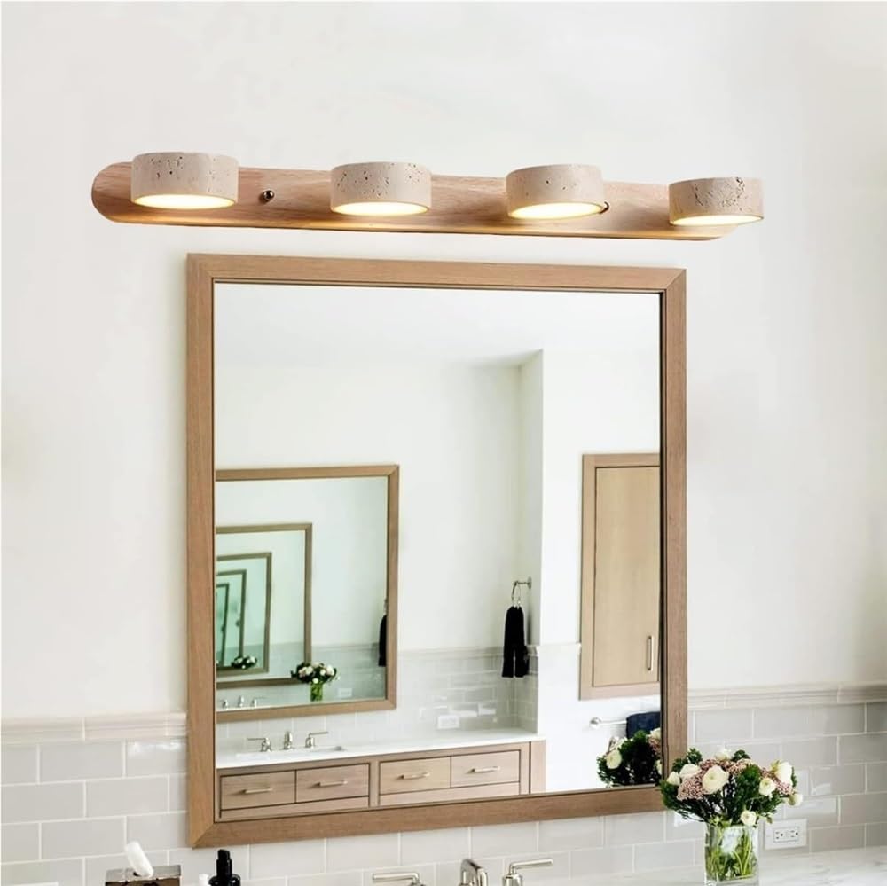 Lampada Specchio LED in Pietra, Applique Bagno Nordic Luce per Specchio Travertino Giallo per Trucco(Wood,4 Lights)
