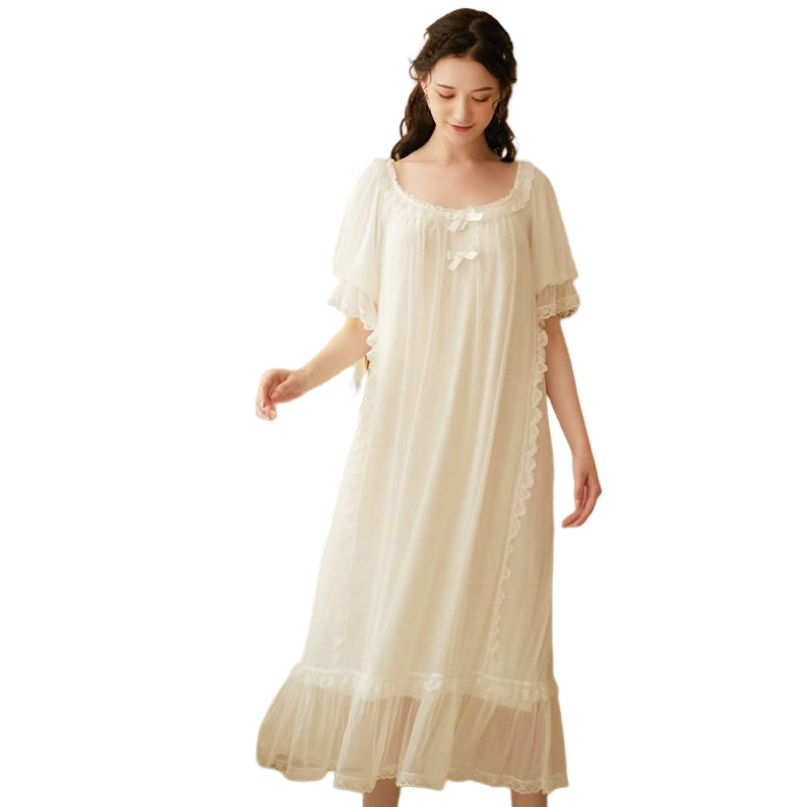 YAROVA Damen Nachthemden - Langes Nachtkleid Frauen Mesh Nachtwäsche Spitze Vintage Nachthemden Nachtwäsche Frühling Sommer Kurzarm Nachthemd Elegante Einfache Hauskleidung
