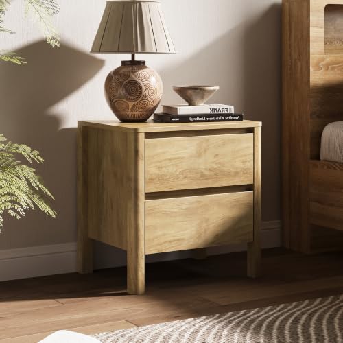 Image of MAISONARIA Oak Nightstands Set of 2, Mid Century Modern Bedside Table with Hidden Handles and Wood Legs, Wooden End Table with 2 Drawers for Bedroom