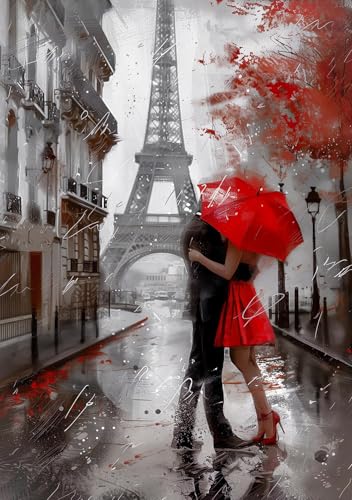 STYLER Tableau sur toile Couple 70 x 100 cm prêt à accrocher – scène romantique à Paris avec tour Eiffel – décoration murale noir et blanc élégante