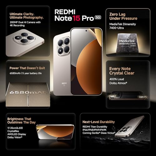 Image of REDMI Note 15 Pro 5G (Silver Ash 8GB+256GB) | 200MasterPixel OIS Camera | Dimensity 7400-Ultra | 17.3cm CrystalRes AMOLED Screen | IP66 /68 /69 /69K | Mega 6580mAh Si /C Battery | 45W Fast Charging