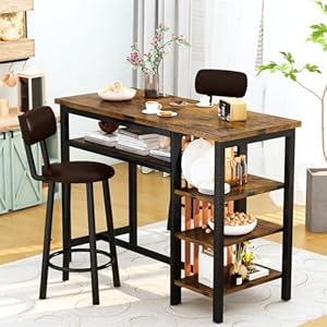 Recaceik Counter Height Dining Set - Bar Table and 2 Upholstered Stools with Storage Shelves, Kitchen Breakfast Nook Pub Set Recaceik Counter Height Dining Set Bar Table and 2 Upholstered Stools with Storage Shelves Kitchen Breakfast Nook Pub Set