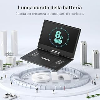 POFOTO Lettore DVD Portatile 15,7'' con Schermo HD Ruotabile 14,1'', Batteria 6 Ore, Supporto Multiformato Dischi/SD/USB, Regione Libera, Riproduzione Memoria, Sync TV e Proiettore, Doppi Altoparlanti
