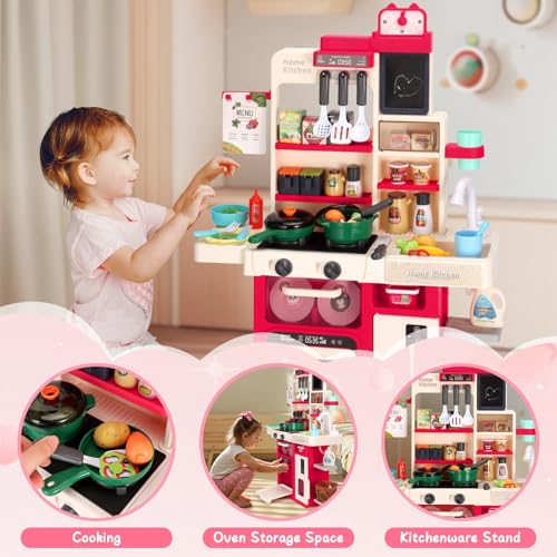 Kids Kitchen Playset, Easface Play Kitchen for Toddlers 1-3 with Sound and Light, Cooking Stove with Steam, Play Sink and Toy Kitchen Accessories Pretend Kitchen Toys for Girls Boys 3-5 (Red) - Thumbnail 2