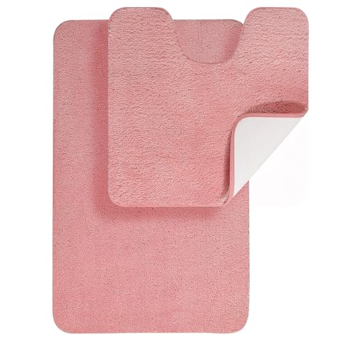 SOANNY Badematten Set 2-teilig, rutschfest & Waschbar, Luxus Dicke Mikrofaser Badezimmerteppich, 50x80 cm Badvorleger & 50x50 cm Toilettenmatte, Rosa
